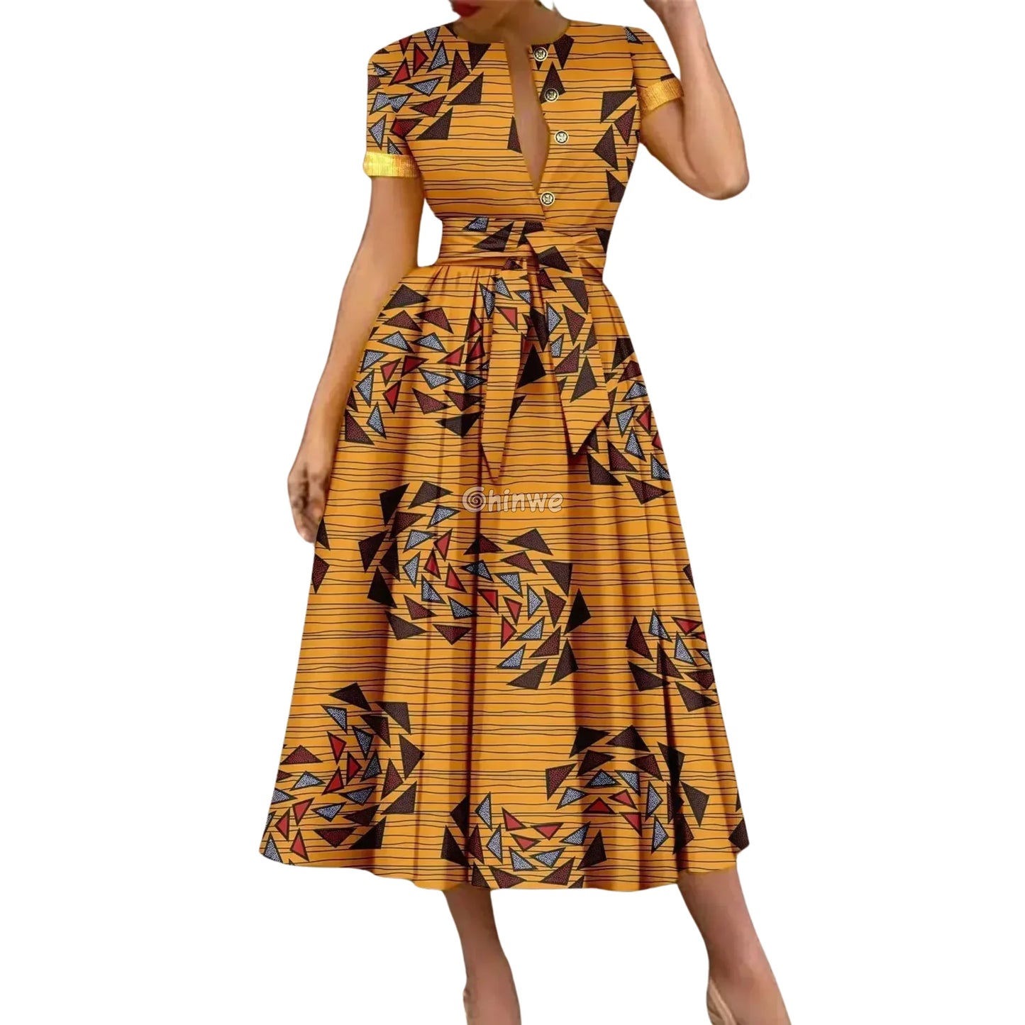 Ada Midi Belted Ankara Dress in Electric Garden Women’s Clothing
