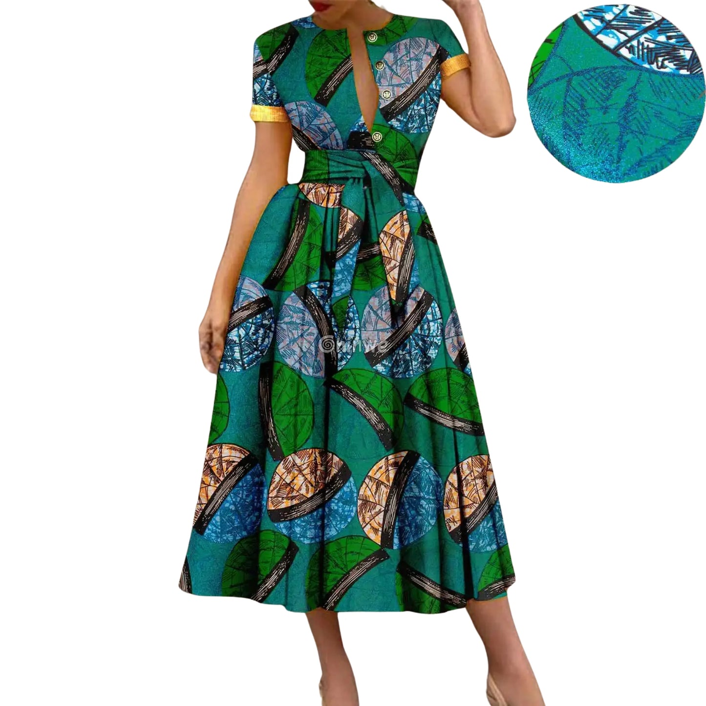 Ada Midi Belted Ankara Dress in Electric Garden Emerald Orbit / Customized Women’s Clothing