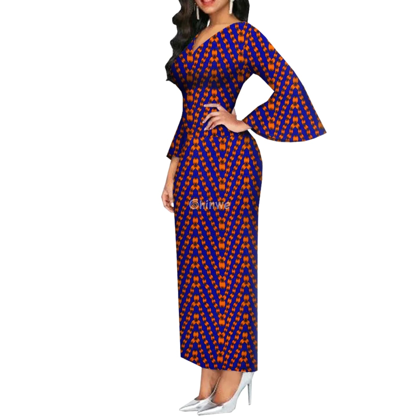Imani One Shoulder Flare Sleeve Ankara Dress In Royal Roots Zigzag Flame / 6XL Women’s Clothing