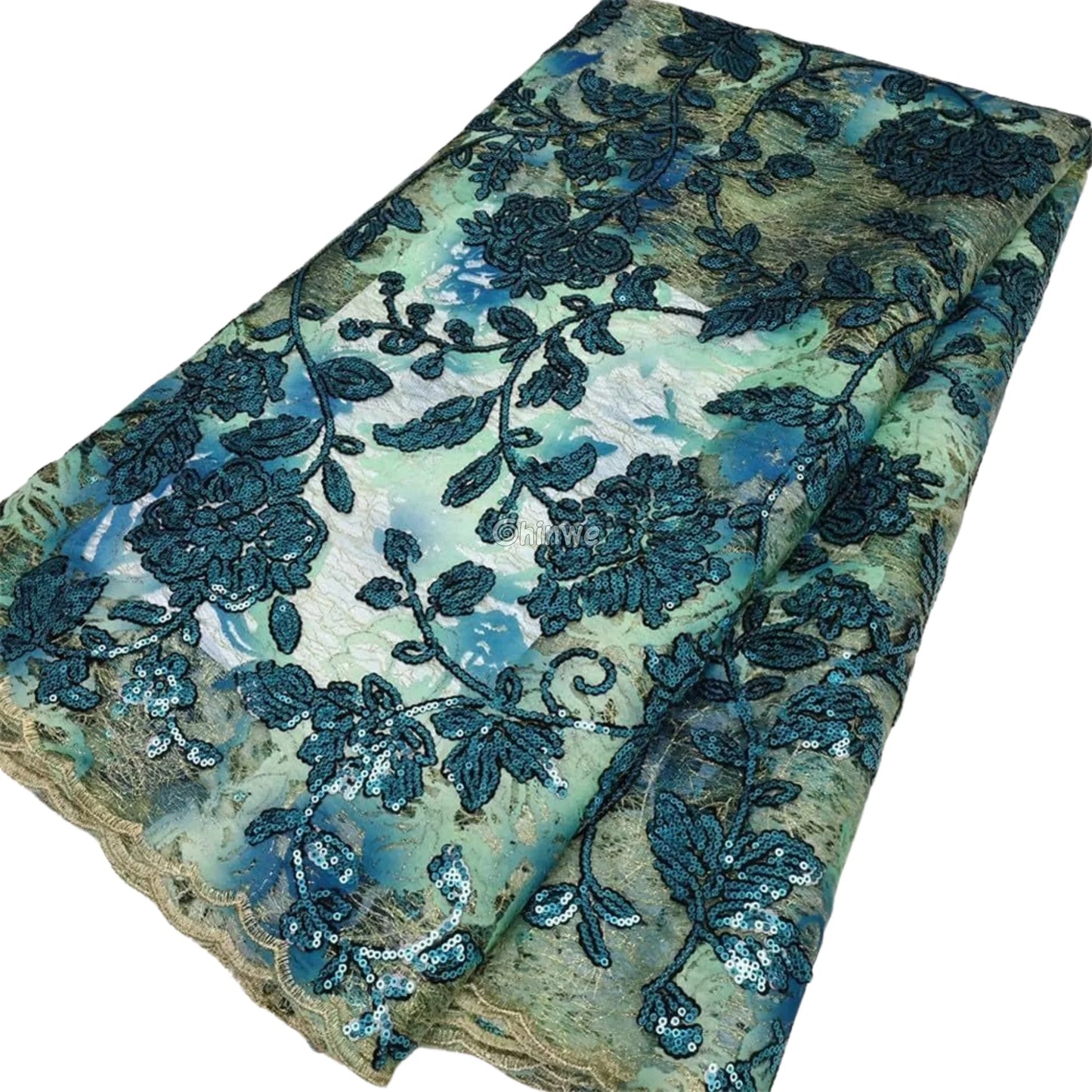 Sequined Floral Vine Embroidered Lace with Sheer Textured Base and Shimmer Finish Lace