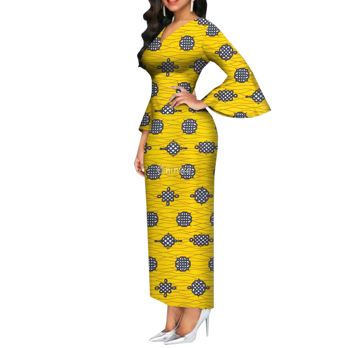 Imani One Shoulder Flare Sleeve Ankara Dress In Royal Roots Starburst Yellow / Customized Women’s Clothing