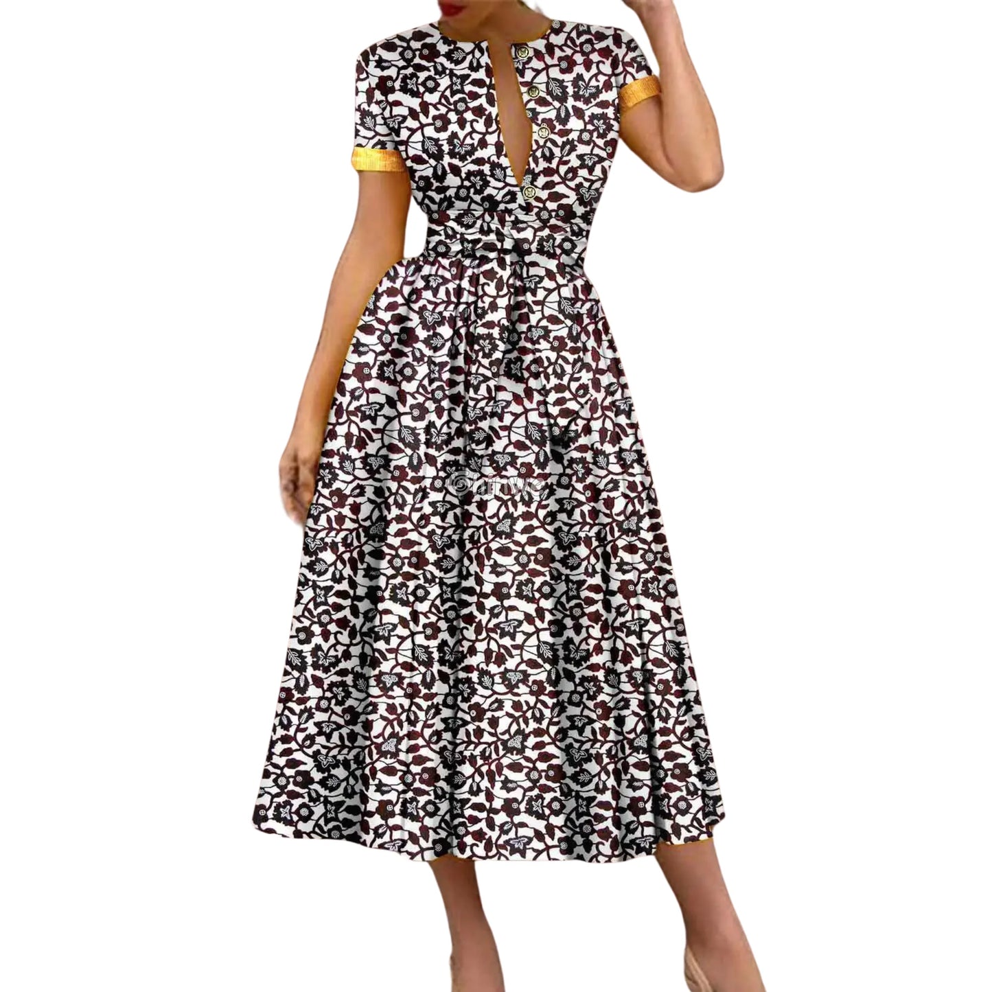 Ada Midi Belted Ankara Dress in Electric Garden Cocoa Garden / Customized Women’s Clothing