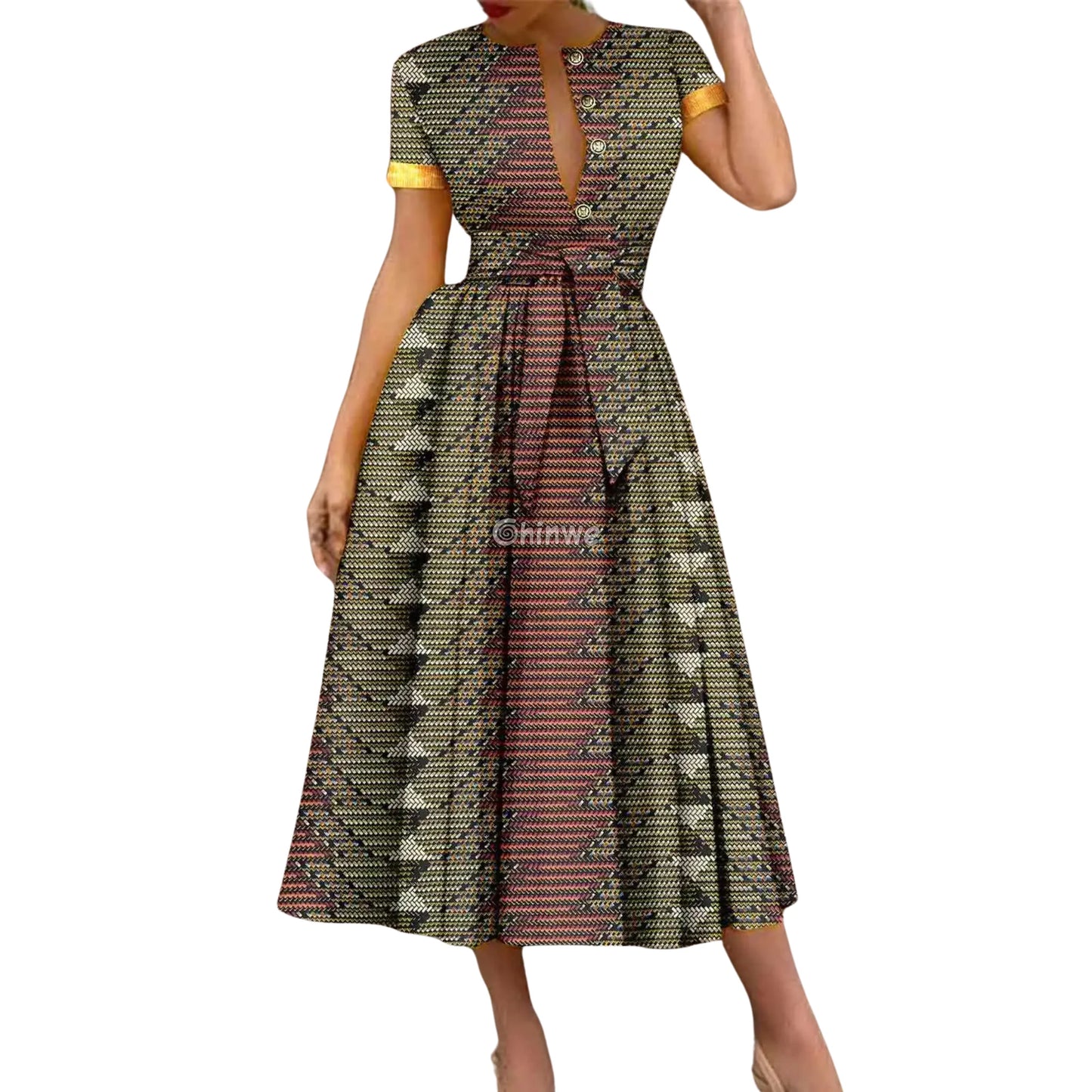 Ada Midi Belted Ankara Dress in Electric Garden Earth Mirage / Customized Women’s Clothing