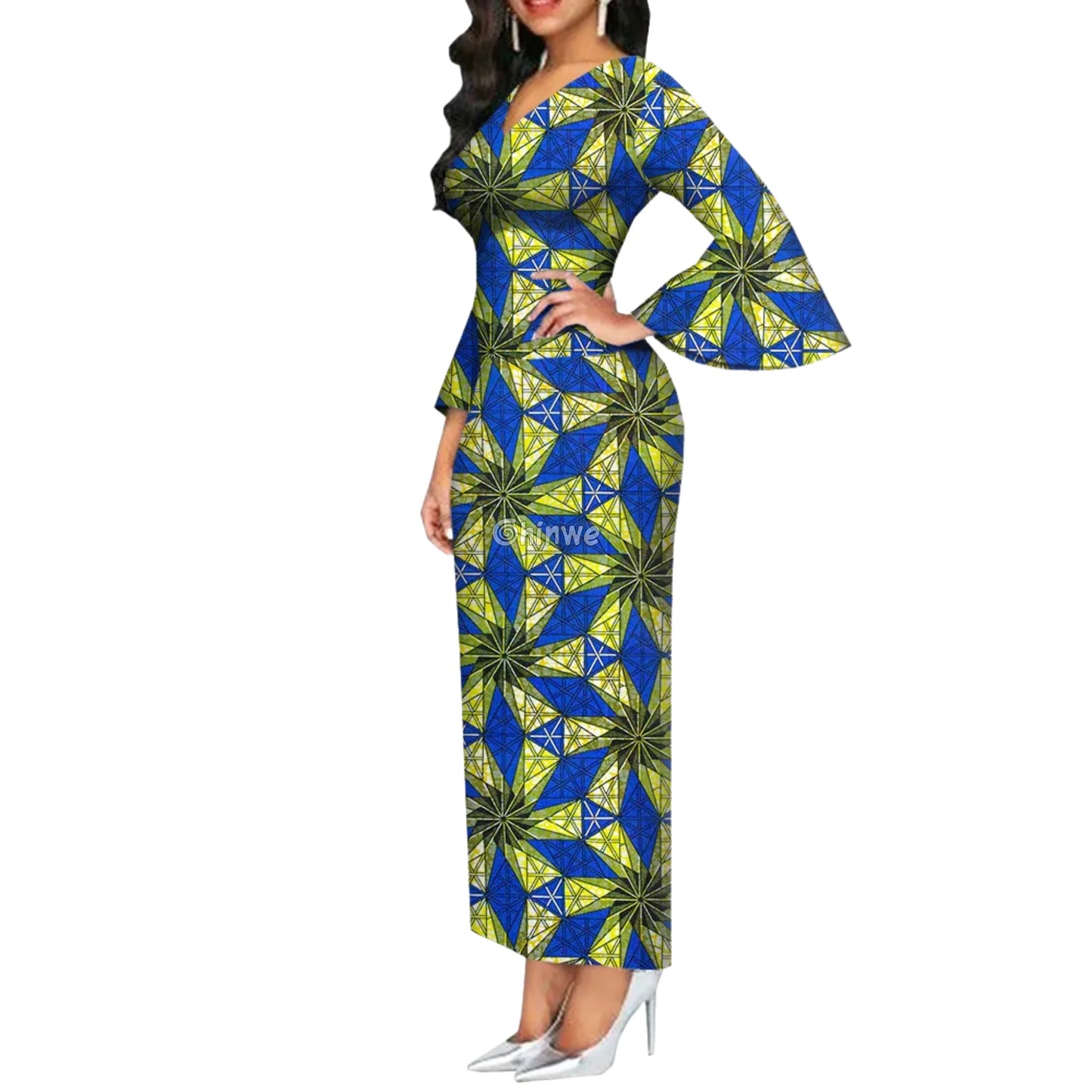 Imani One Shoulder Flare Sleeve Ankara Dress In Royal Roots Blue Fractal / L Women’s Clothing