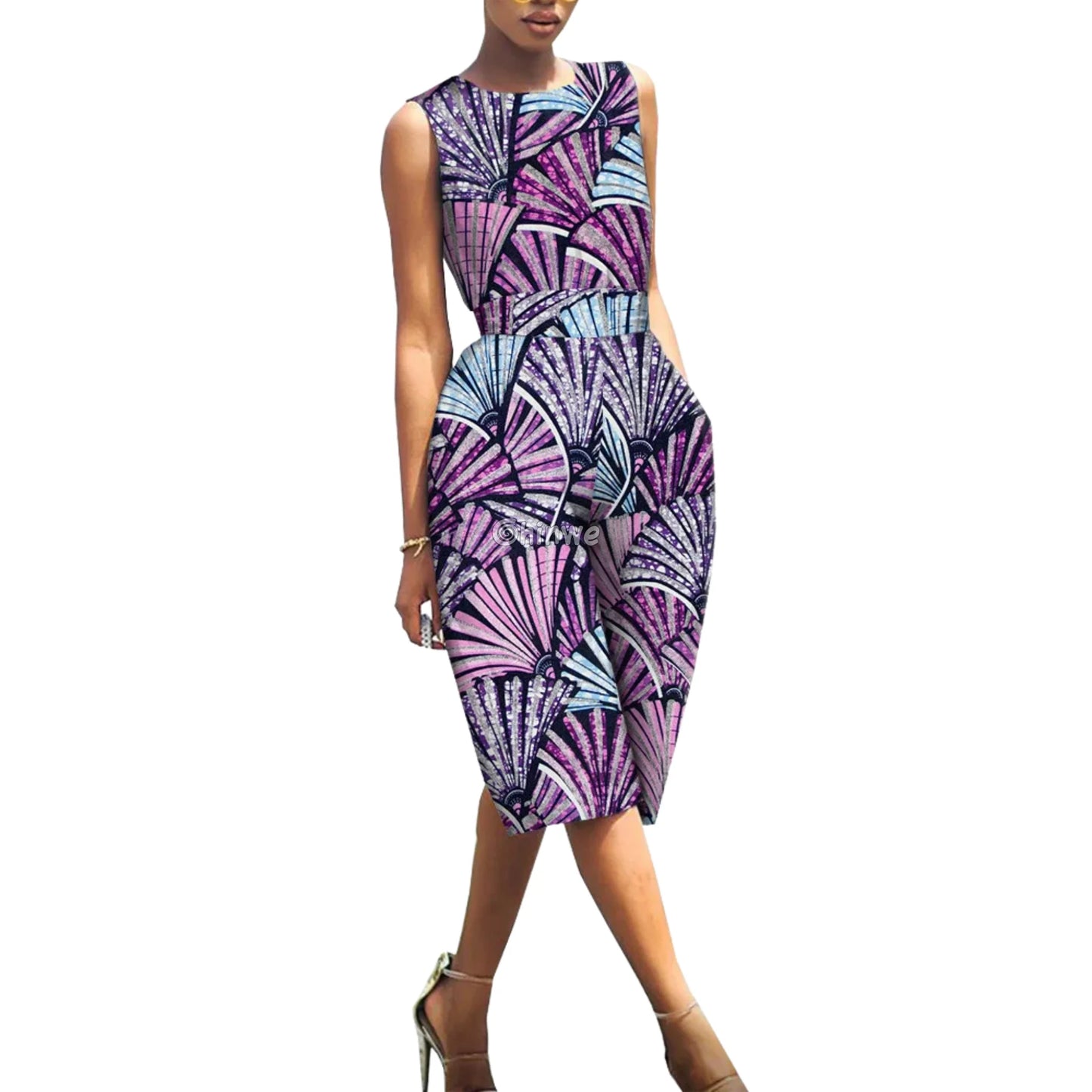 Relaxed Fit Sleeveless Wax Ankara Jumpsuit Resort Bloom - Lavender Fan Spiral / Customized - Women’s Clothing