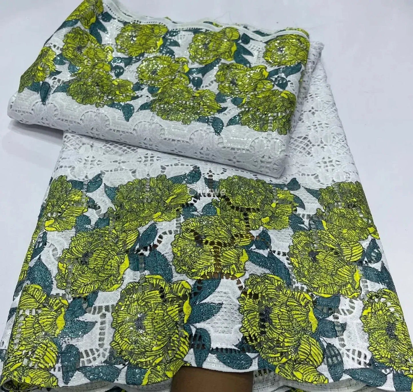 Sequin-Embroidered Mesh Lace with Geometric Grid Overlay & Scalloped Floral Border Fabric Lace