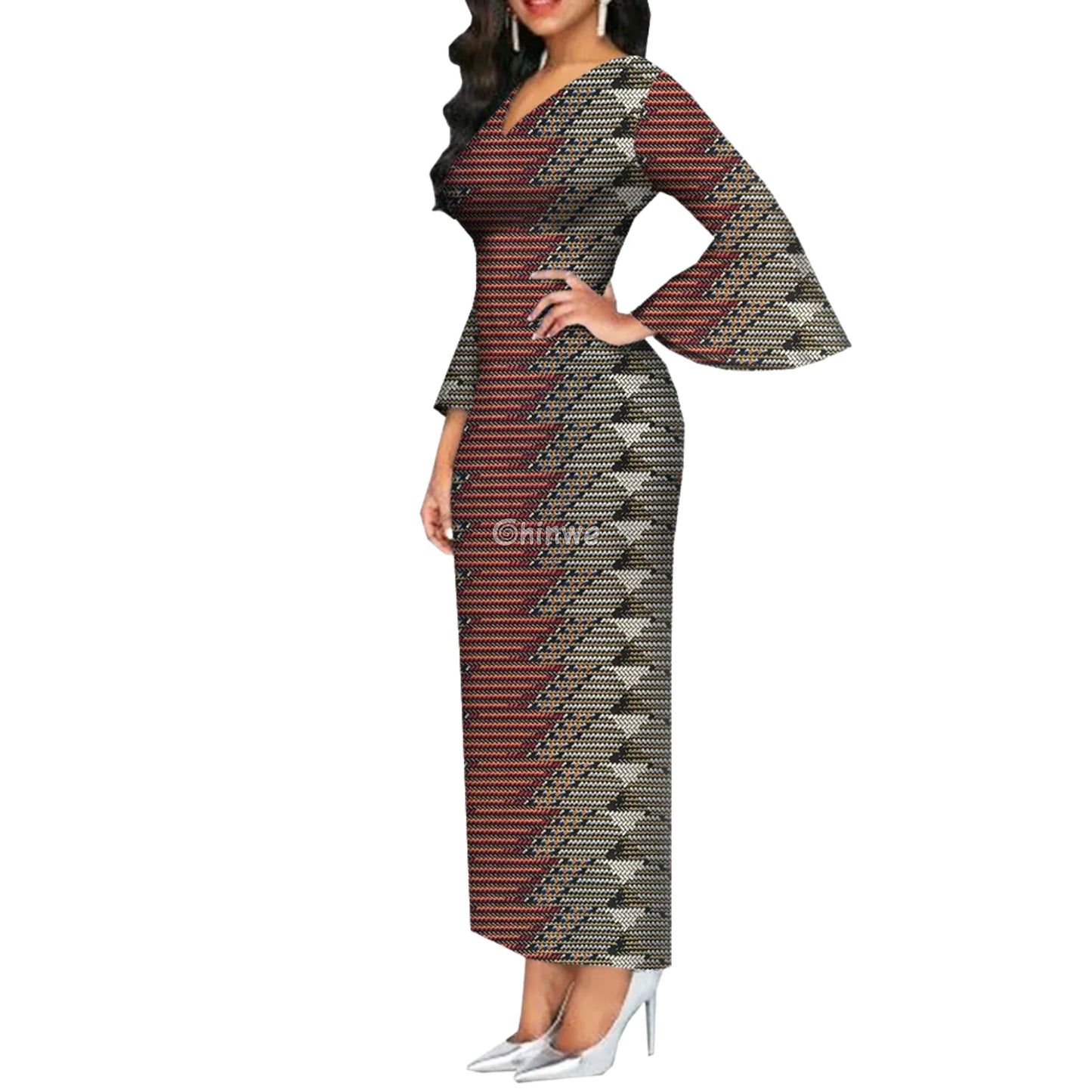 Imani One Shoulder Flare Sleeve Ankara Dress In Royal Roots Bronze Gradient / Customized Women’s Clothing