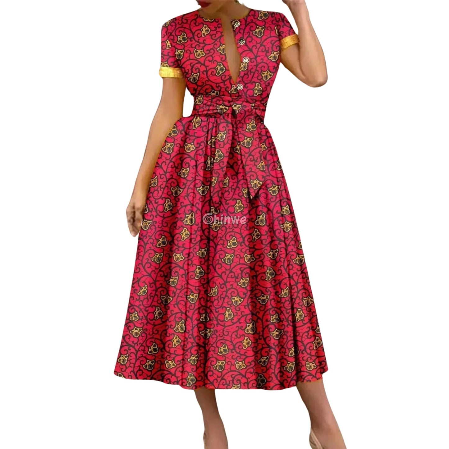 Ada Midi Belted Ankara Dress in Electric Garden Women’s Clothing
