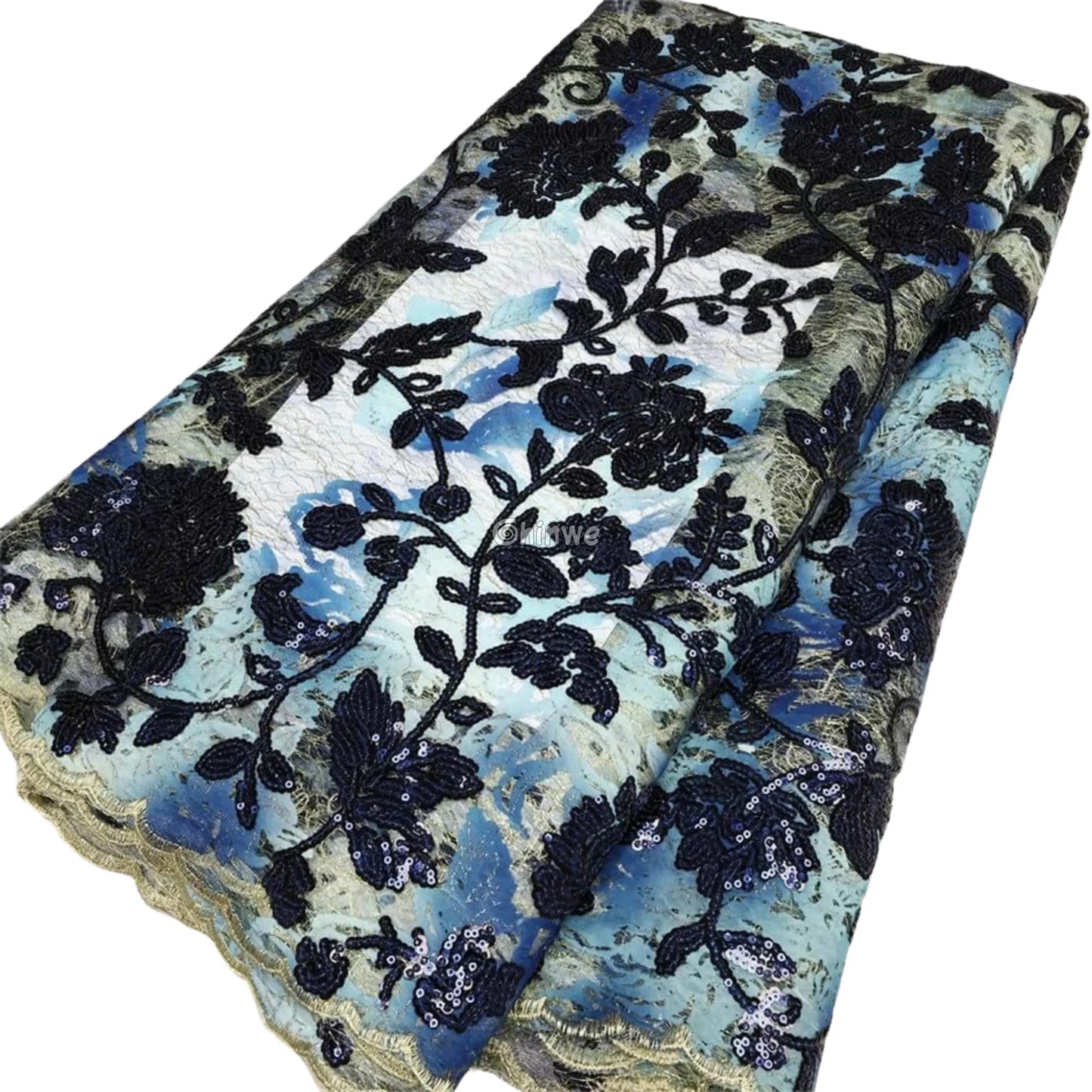 Sequined Floral Vine Embroidered Lace with Sheer Textured Base and Shimmer Finish Lace