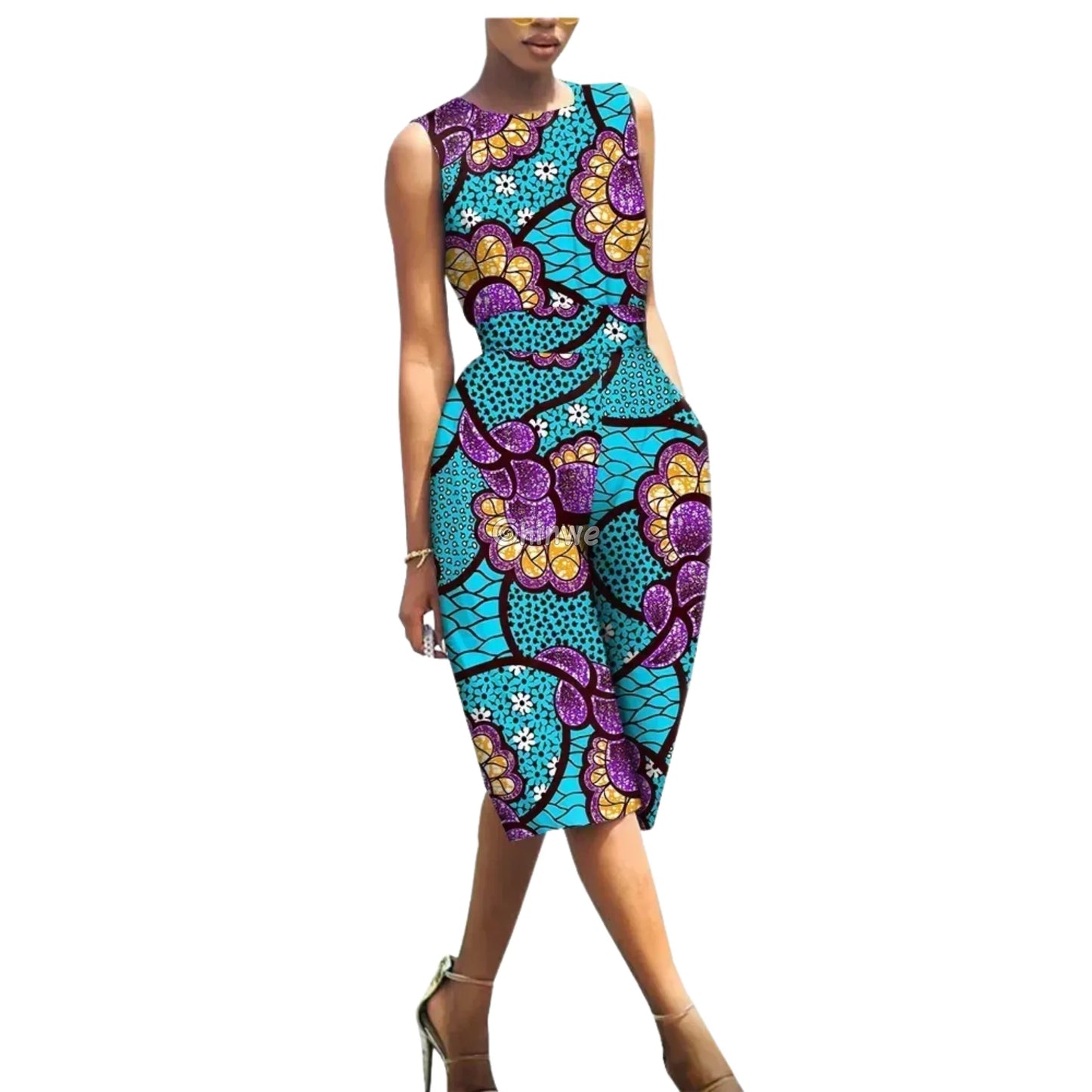 Relaxed Fit Sleeveless Wax Ankara Jumpsuit Resort Bloom - Teal Floral Wave / Customized - Women’s Clothing
