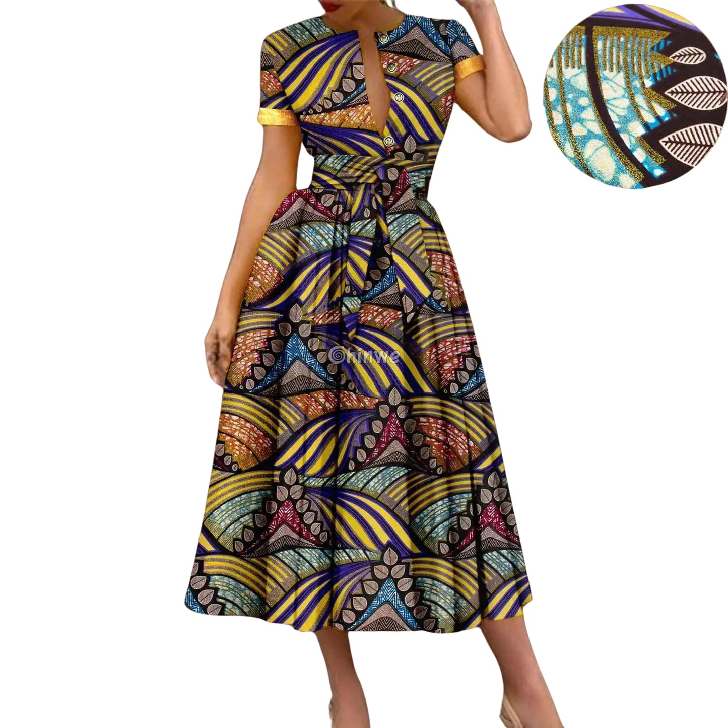 Ada Midi Belted Ankara Dress in Electric Garden Women’s Clothing