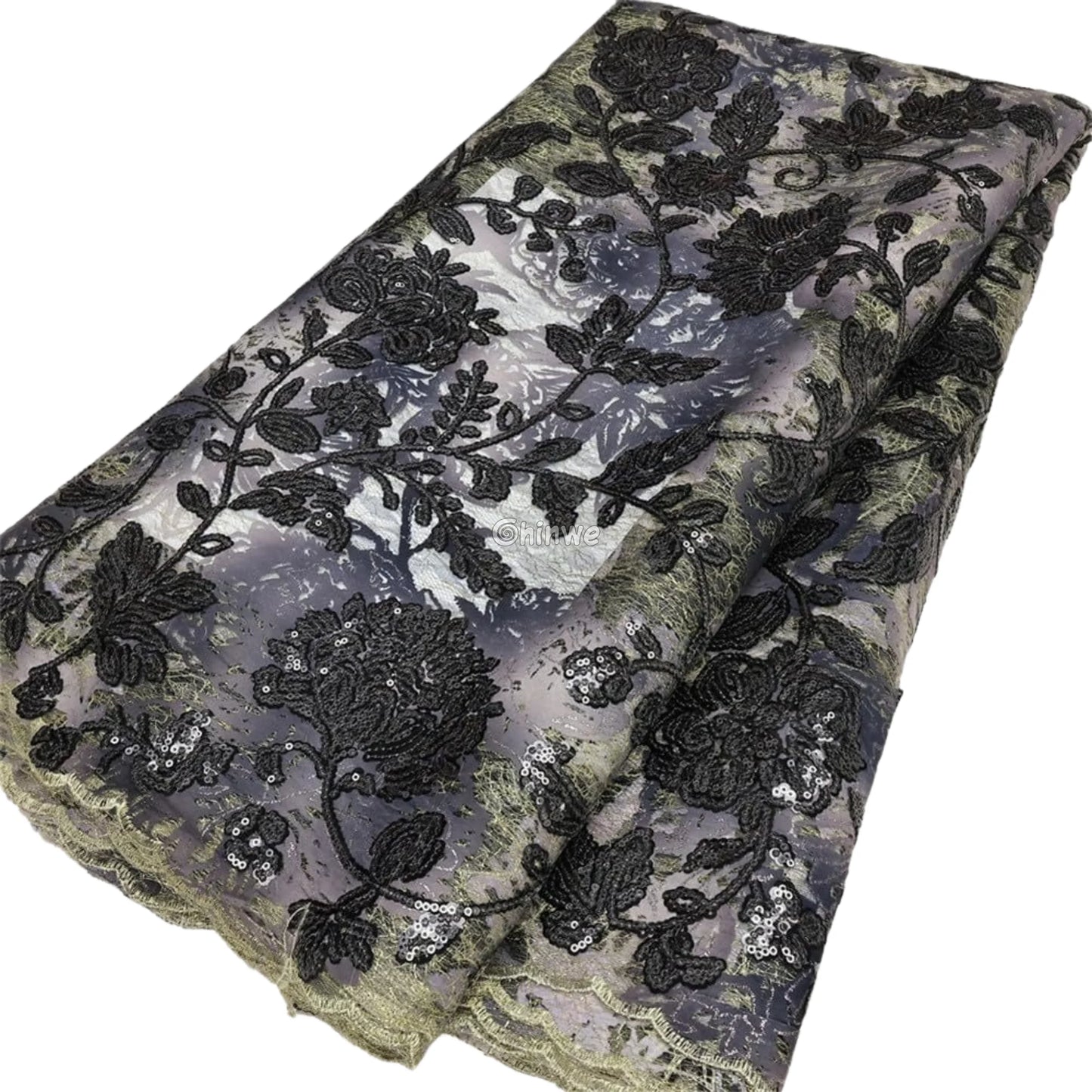 Sequined Floral Vine Embroidered Lace with Sheer Textured Base and Shimmer Finish Lace