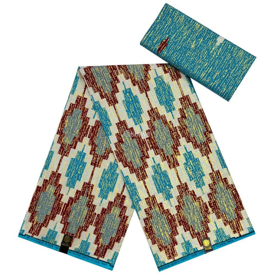 Turquoise Burgundy & Cream Kente Brocade with Block Pattern and Metallic Thread Overlay Turquoise Brick Kente / 6yards