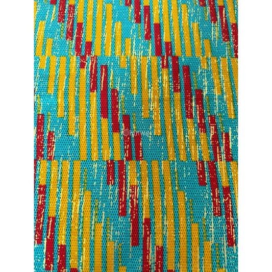 Teal Yellow & Red Kente Brocade with Vertical Stripe Motif and Light Metallic Detailing Sunbeam Teal Kente / 6yards
