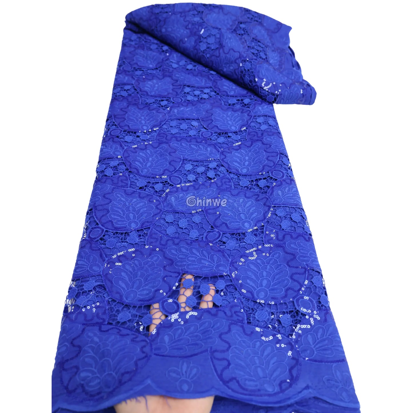 Sequin-Embellished Geometric Circle Appliqué Embroidered Lace with Scalloped Edge & Sheer Mesh Lace