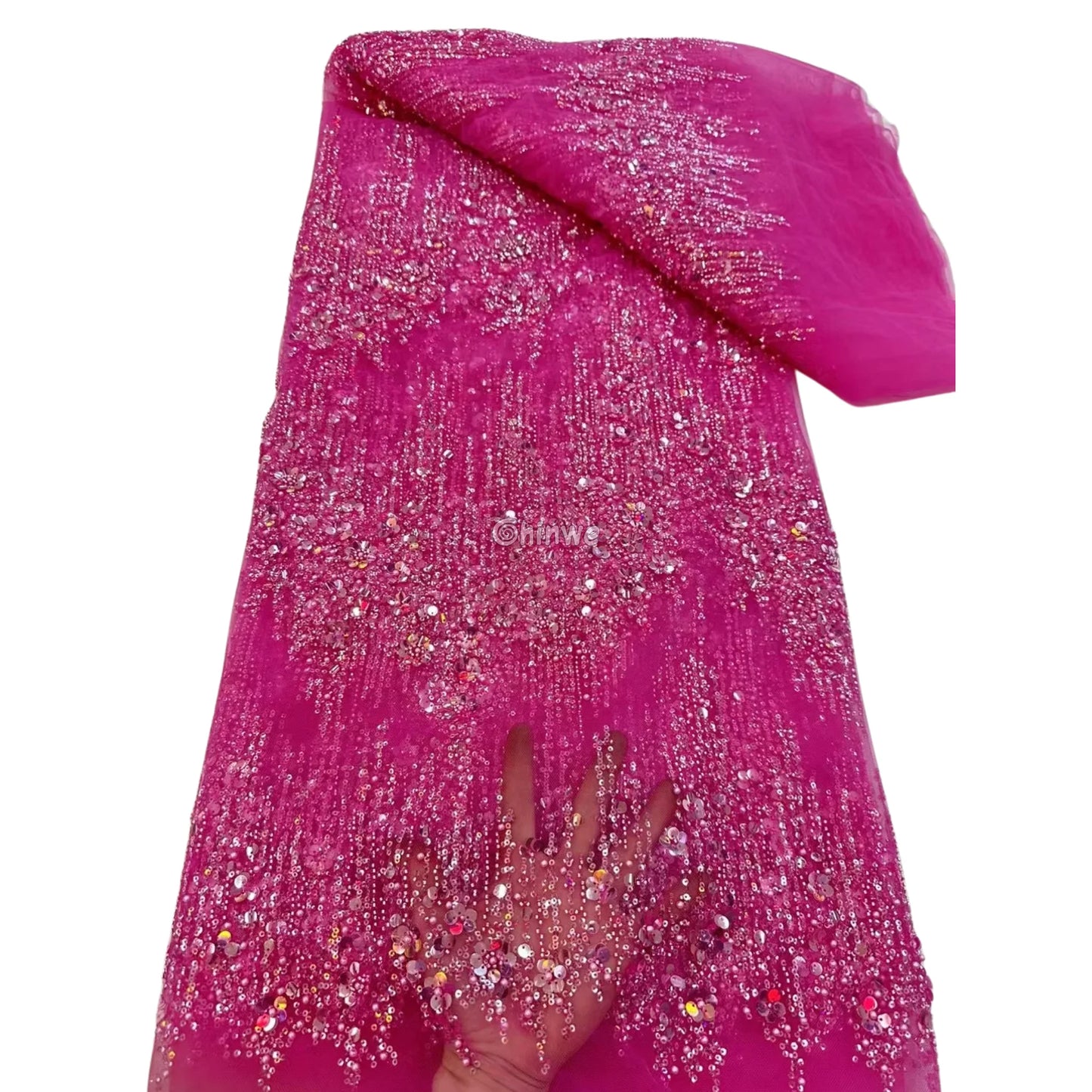 Sequin Beaded Tulle Mesh Fabric with Dripping Floral Shimmer & Textured Wave Pattern Hot Pink Sequin / 5 Yards / 120cm
