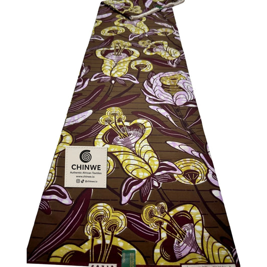 Burnt Sienna Botanical Print with Lilac Roses, Yellow Bell Flowers & Linear Background Pattern