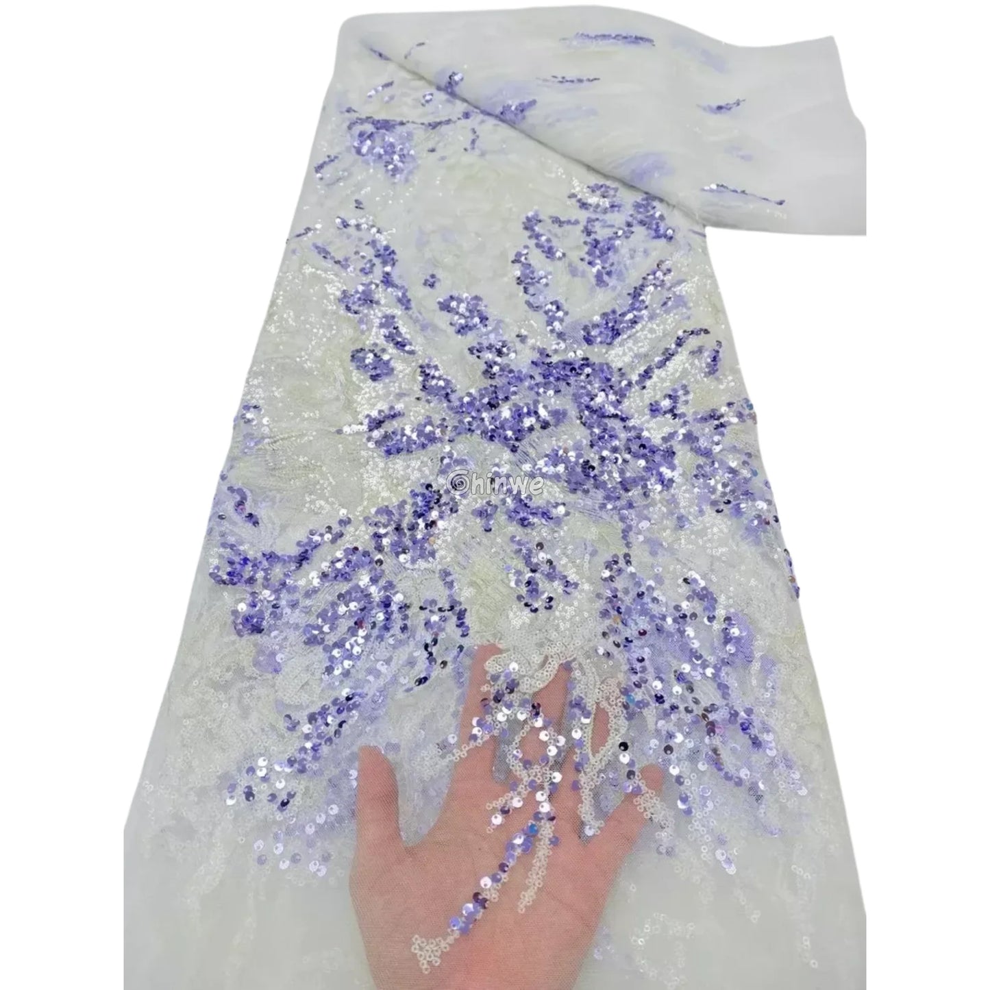 Lilac & Silver Abstract Swirl Sequin Lace Fabric with Floral Embroidery Motif and Sheer Mesh Lilac & Silver Abstract