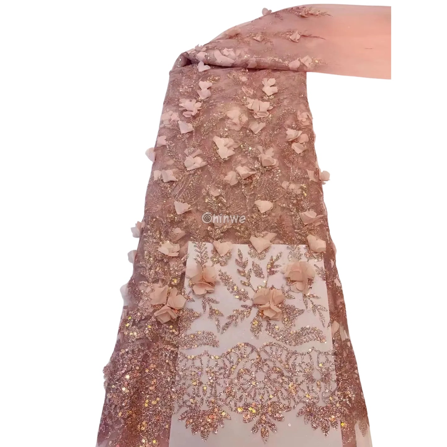 3D Appliqué Petal Lace with Sequined Vine Embroidery – Luxury Wedding & Party Fabric Champagne Petal Elegance / 5yard
