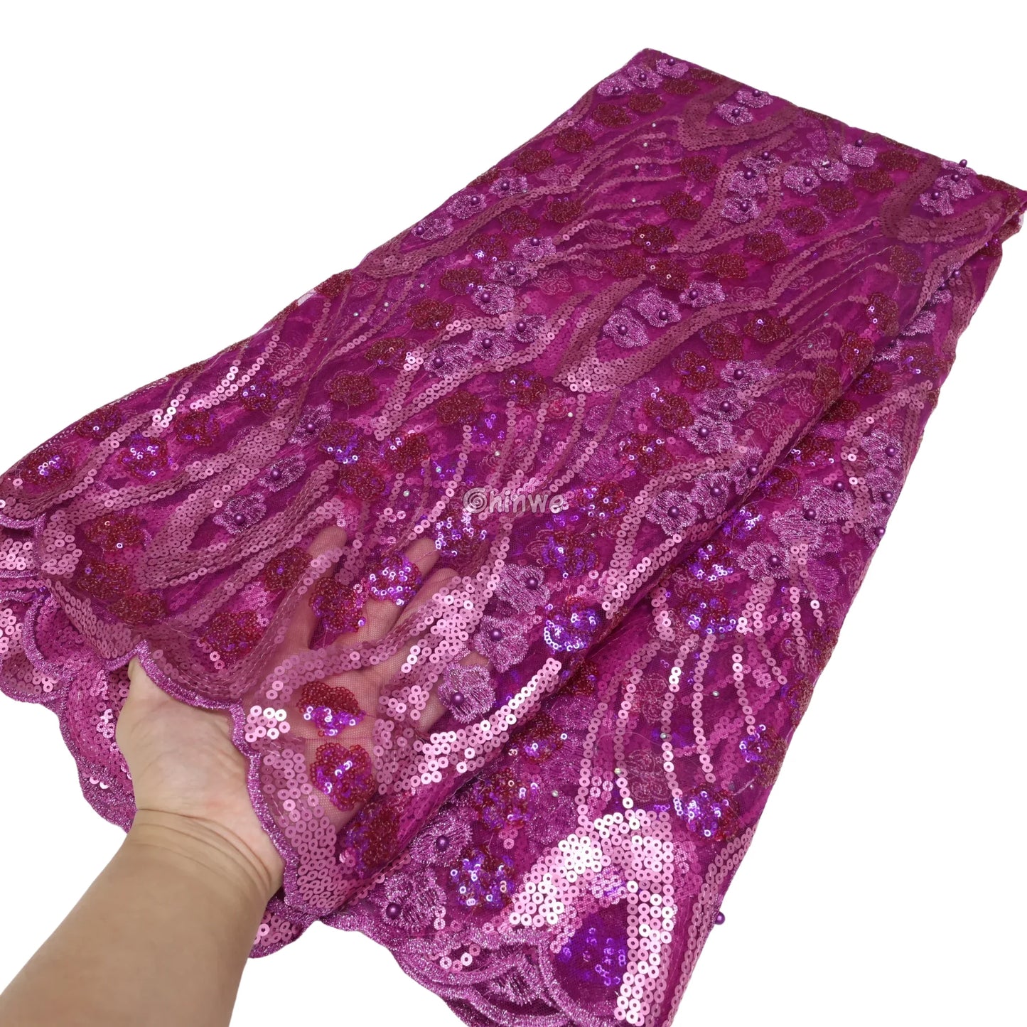 Fuchsia & Raspberry Embroidered Swirl Vine & Micro-Floral Sequin Print Fabric Lace