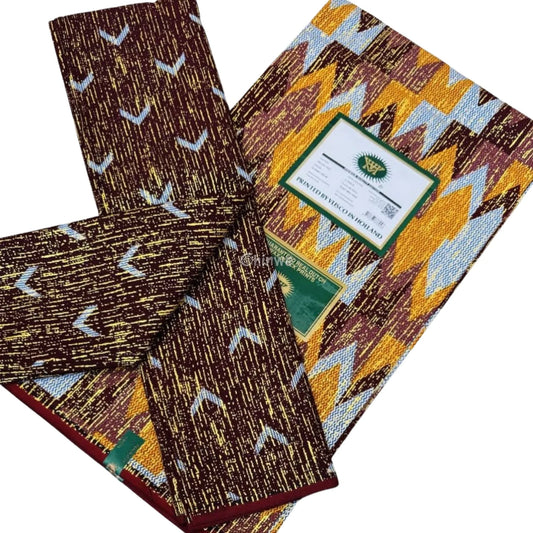 Golden Dusk Ember Kente Brocade Fabric in Cocoa Brown Sky Blue & Gold Metallic Golden Dusk Ember / 6yards African Wax