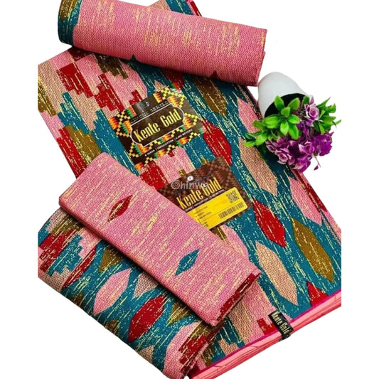 Pink Mirage Brocade Fabric – Soft Pink Teal Gold & Red Metallic Jacquard Pink Mirage / 6yards African Wax Print Fabric