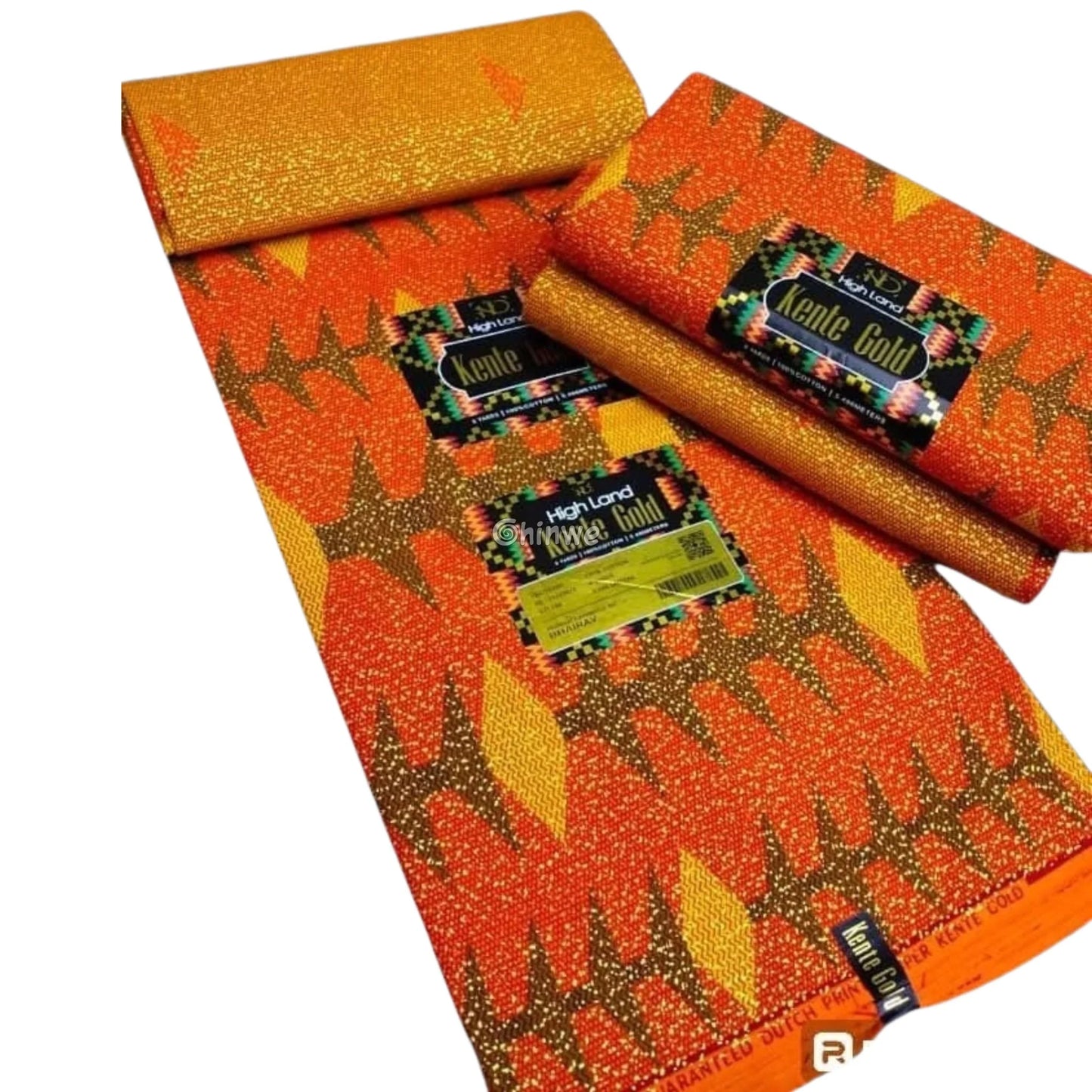 Orange Gold & Green Kente Brocade with Diamond Flame Motif and Dense Metallic Dot Texture Burnt Orange / 6yards African