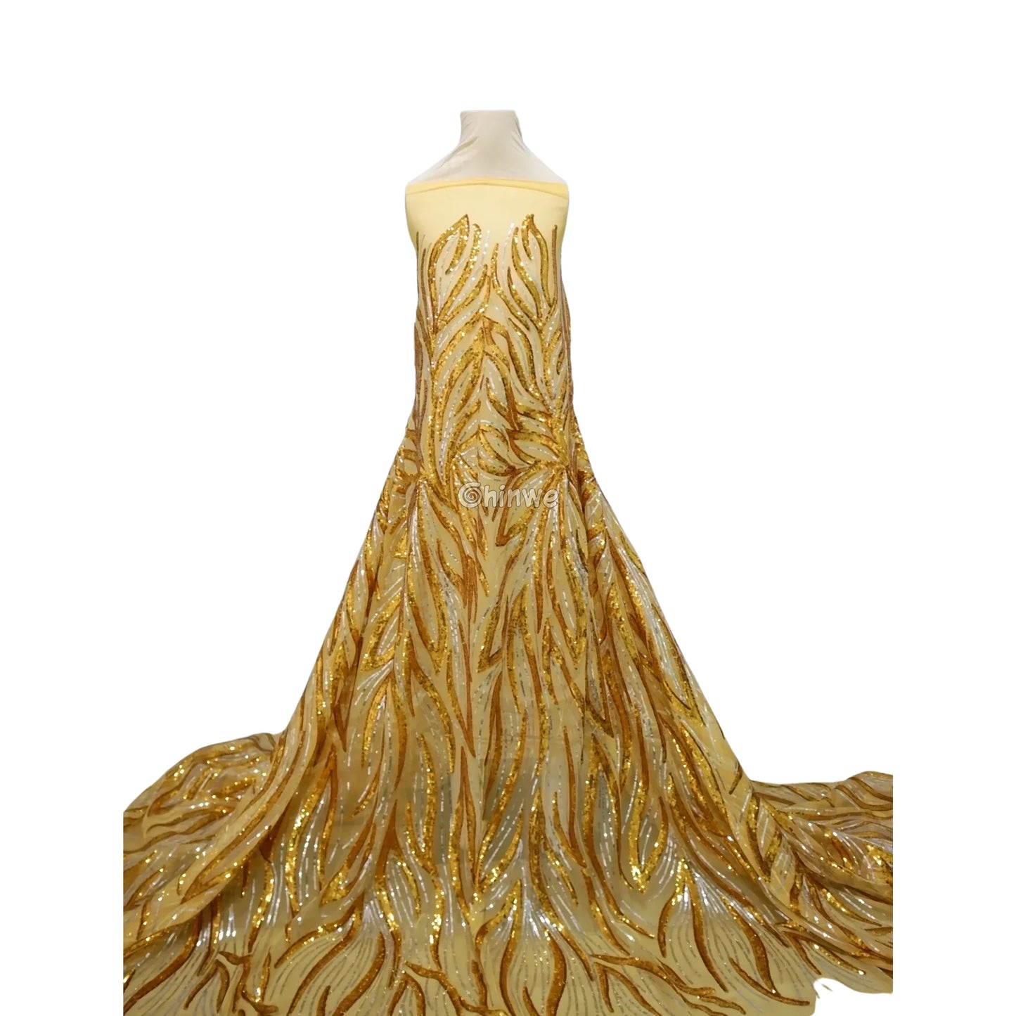 Sequin Embroidered Mesh Lace Fabric with Flowing Flame Motif and Sheer Illusion Base Lace