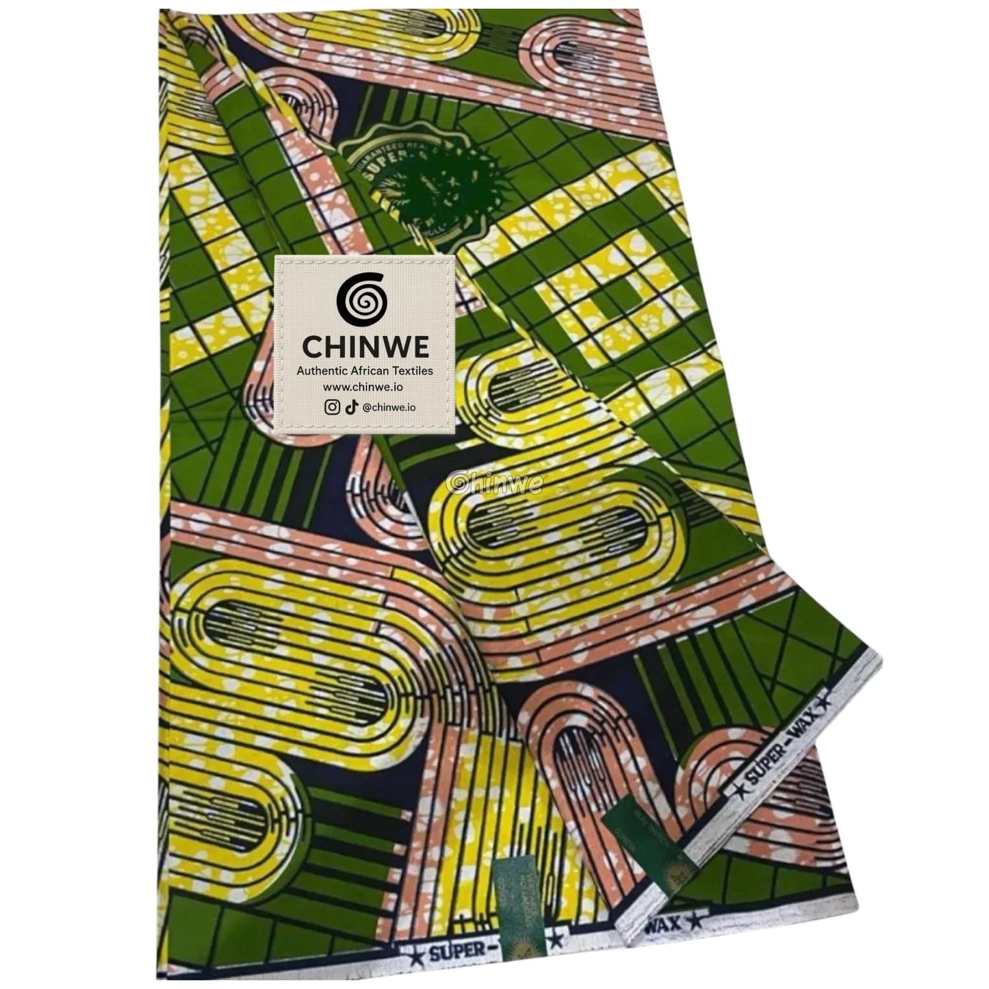 African Wax Print with Olive Green Grid, Mustard Loops, and Taupe Batik Interlocking Path Motif