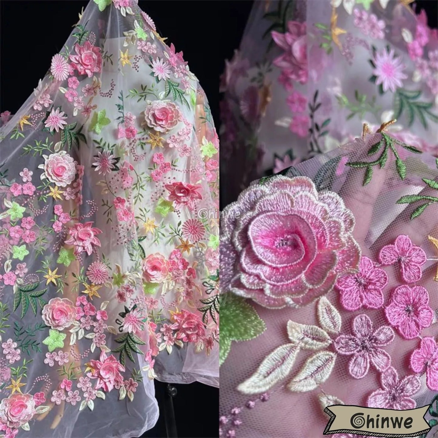 3D Floral Appliqué Lace on Sheer Mesh Raised Embroidered Flowers and Leaves Lace
