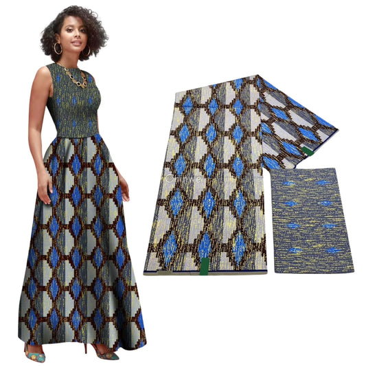 Silver Blue & Black Kente Brocade with Interlocking Diamond Motif and Metallic Accents Azure Chain Kente / 6yards