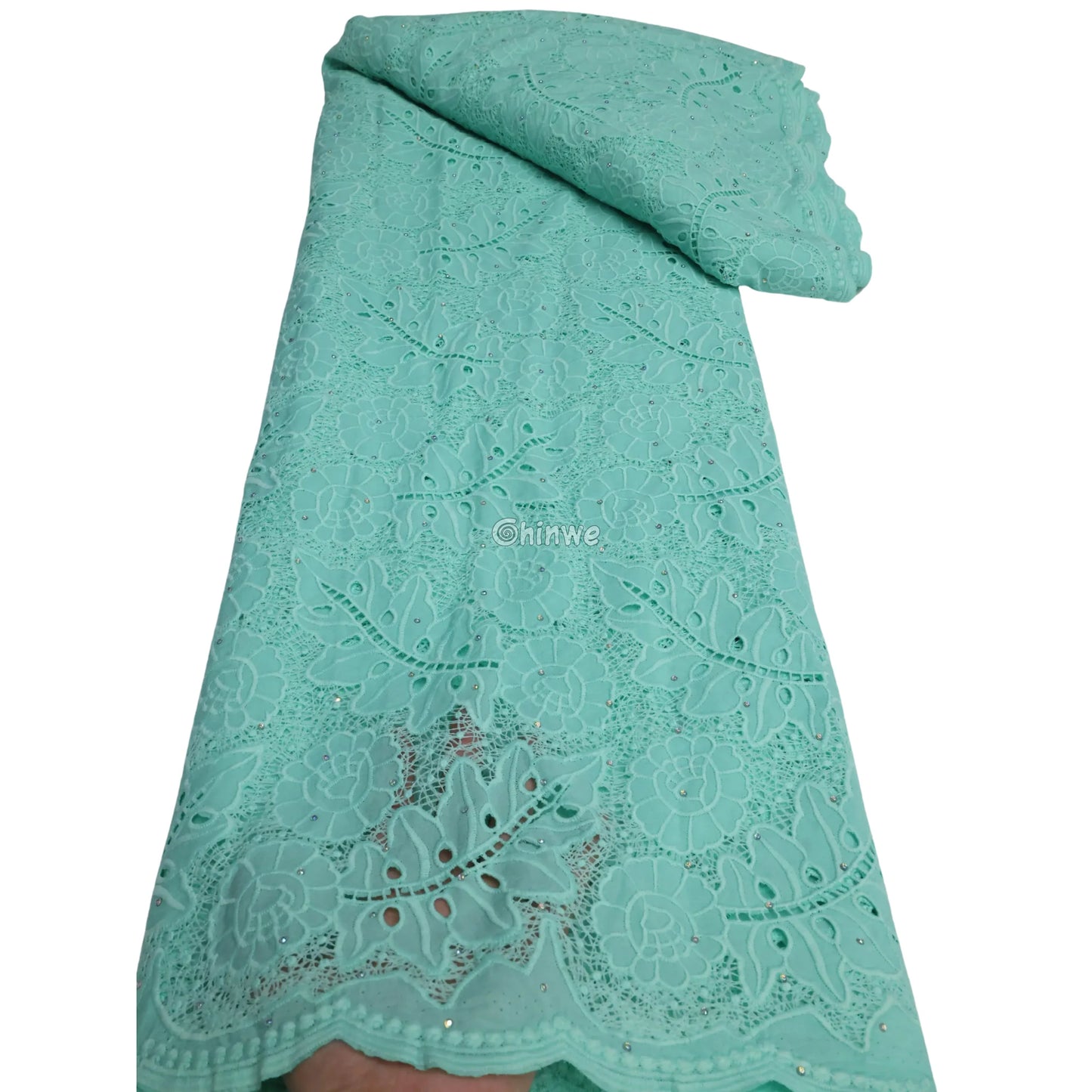 Purple Orange Mauve Aqua & Cream Floral Vine Lace Fabric with Scalloped Edge & Sequins Mint Aqua / 5 Yards / 120cm Lace