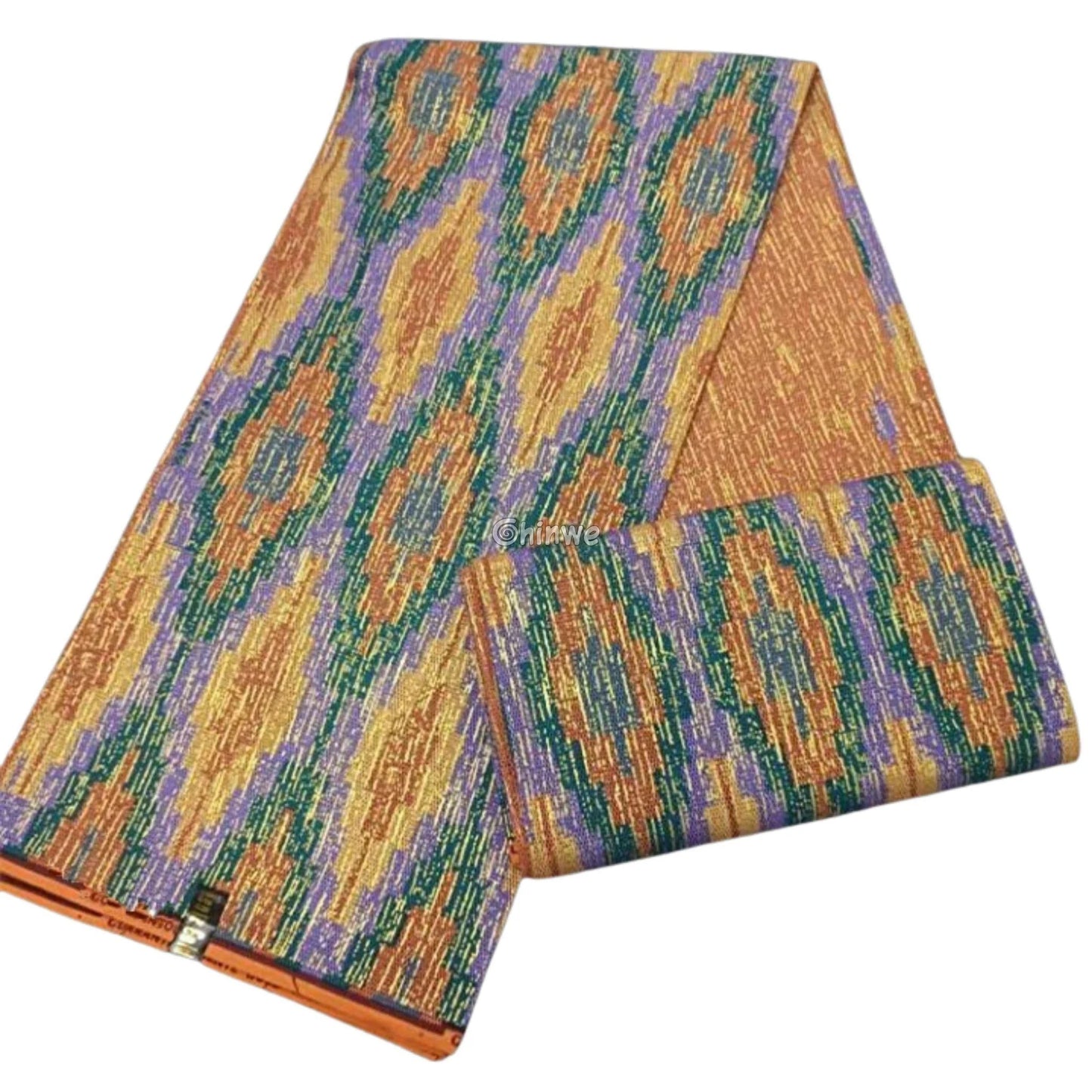 Orange, Green & Gold Kente Brocade with Wavy Ikat Motif and Iridescent Thread Textur