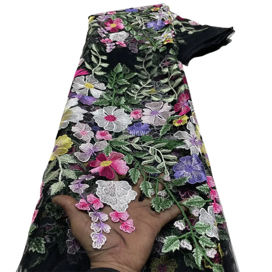 French Tulle Lace Floral Vine & 3D Appliqué Embroidery with Sheer Mesh for Couture Crafts Onyx Black & Multicolor