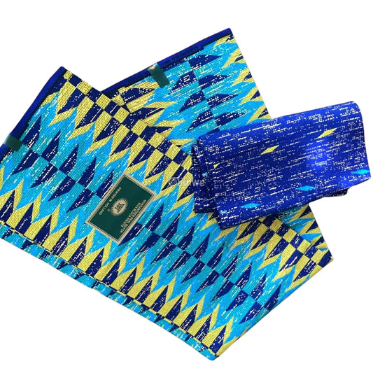 Ocean Ray Metallic Brocade Fabric – Navy Aqua & Yellow Chevron Kente Design PEACOCK BLUE / 6yards African Wax Print