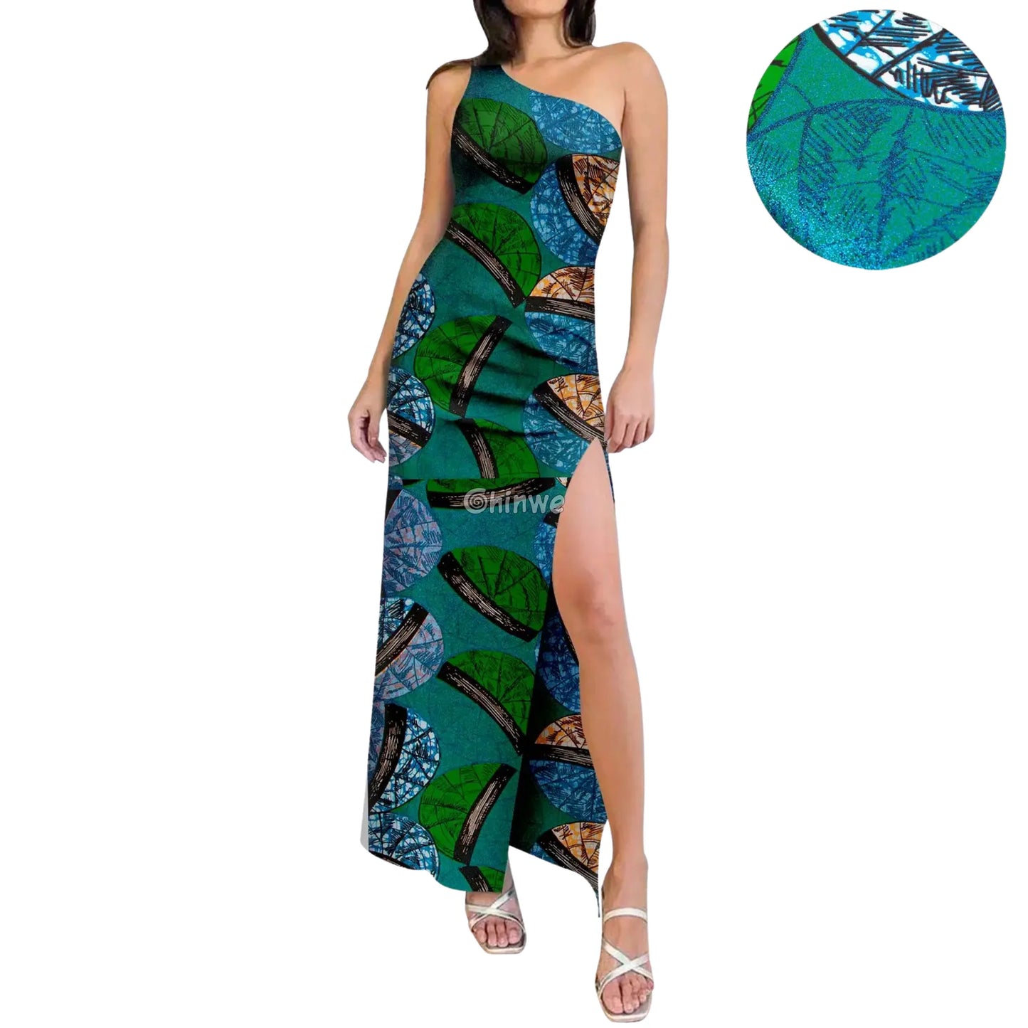 One-Shoulder High-Slit Maxi Dress in Ankara Print with Slim Fit Slash Neckline & Sleeveless Cut Green Fern Jewel