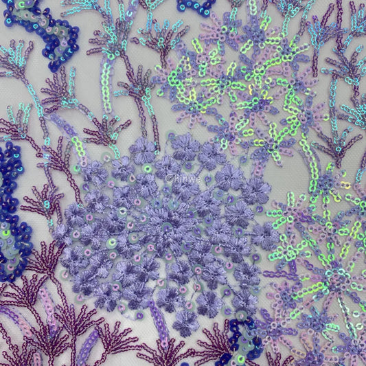 Lilac & Sky Blue Abstract Floral & Vine Sequin Lace Embroidery Mesh Print Fabric Lavender & Sky Blue Floral Sequin Lace