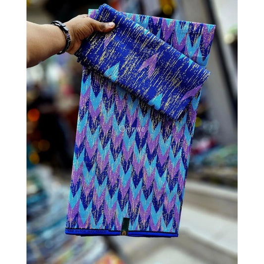 Turquoise Purple & Blue Kente Brocade with Flame Chevron Motif and Metallic Gold Detailing Electric Indigo Kente