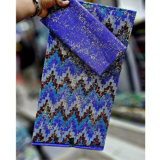 Blue, Teal & Burgundy Kente Brocade with Pixel Chevron Pattern and Gold Splatter Texture
