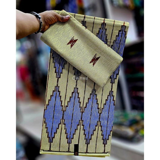 Cream Blue & Brown Kente Brocade with Vertical Flame Motif and Light Metallic Detailing Sahara Sky Kente / 6yards