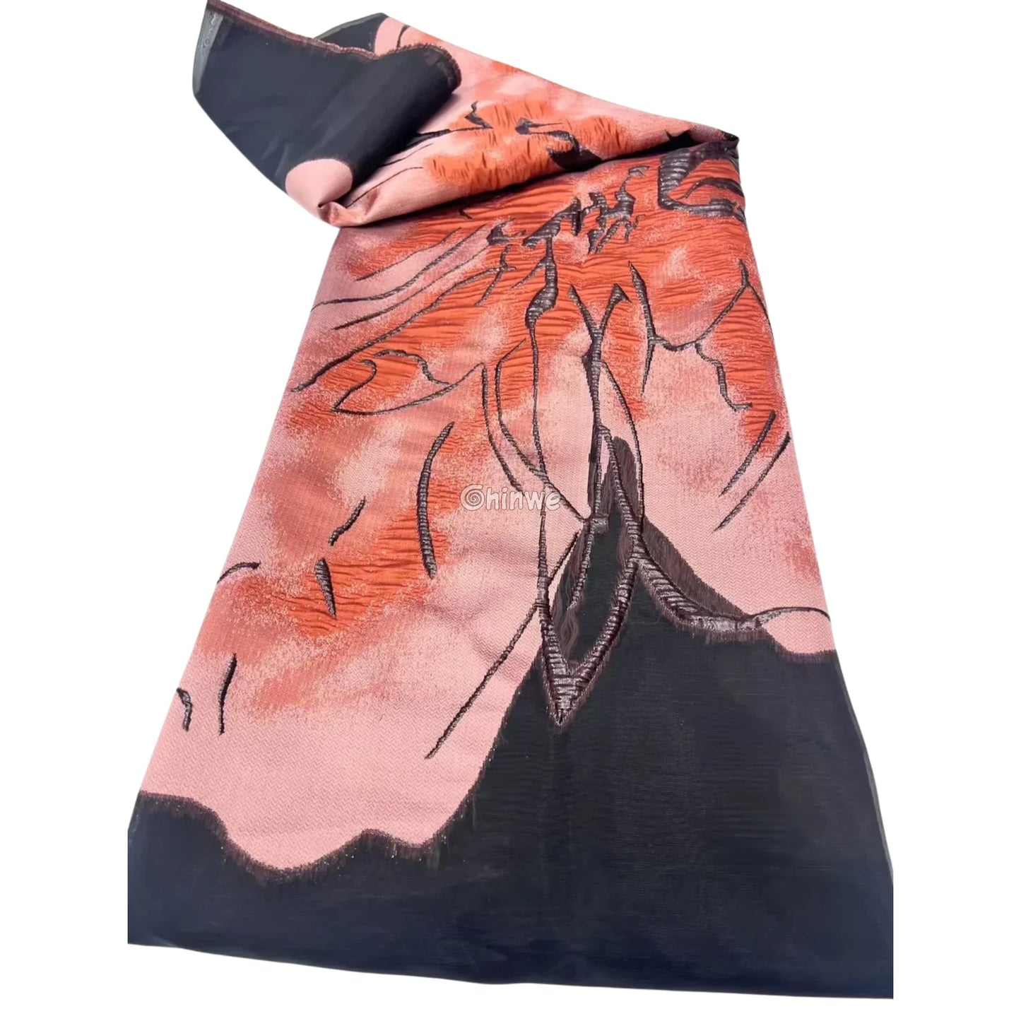 Embroidered Jacquard Mesh Fabric with Oversized Abstract Floral Motif and Dual-Tone Sheen Finish Sunset Ember / 5 Yards