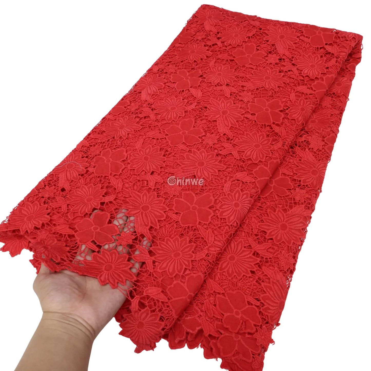 Guipure Lace Floral Appliqué Scalloped Edge with Sequined Accents & Sheer Mesh Ground Crimson Red / 5 Yards / 120cm Lace