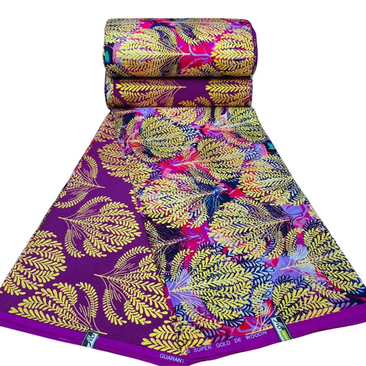 Royal Fern Metallic Brocade – Burgundy & Gold Embossed Leaf Pattern Fabric – Royal Fern / 6yards African Wax Print