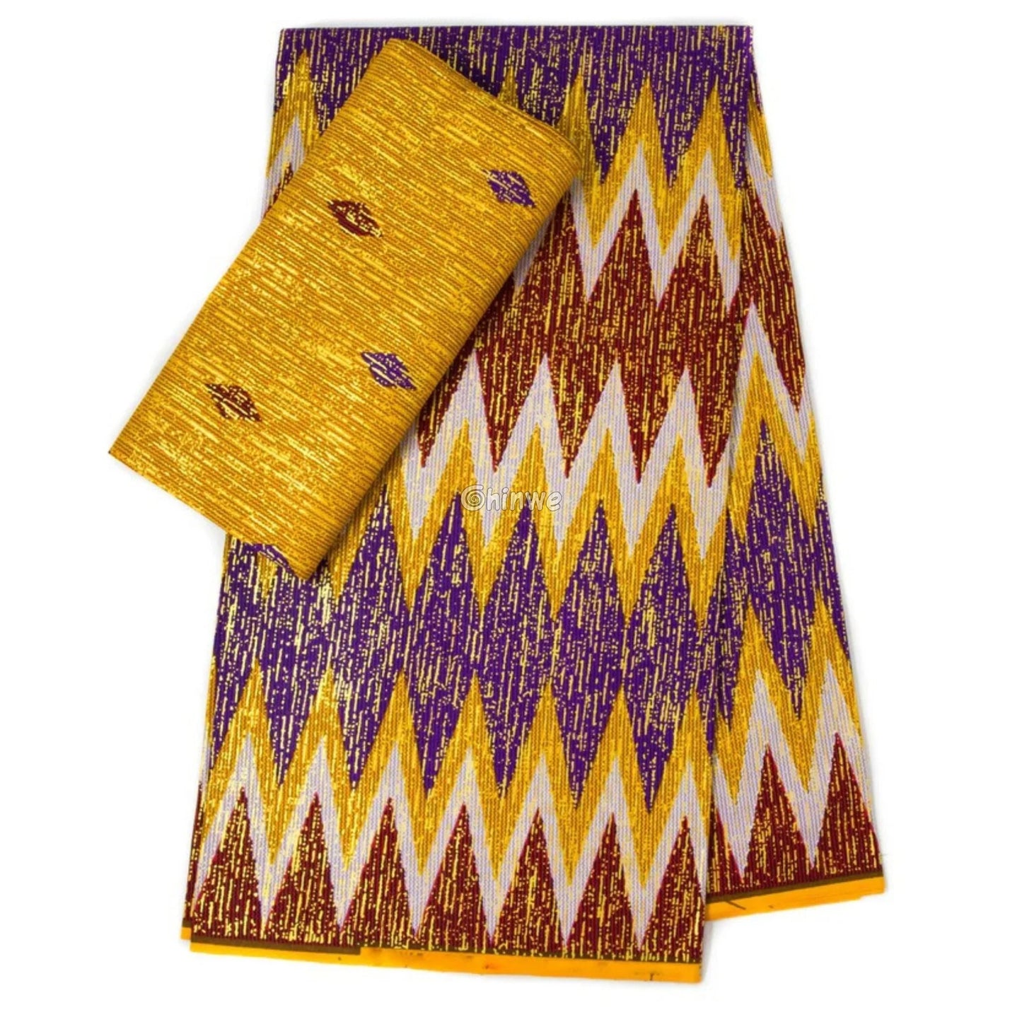 Sunfire Zigzag Kente Brocade Fabric in Yellow Purple & Red with Gold Metallic Threading Sunfire Zigzag Kente / 6yards