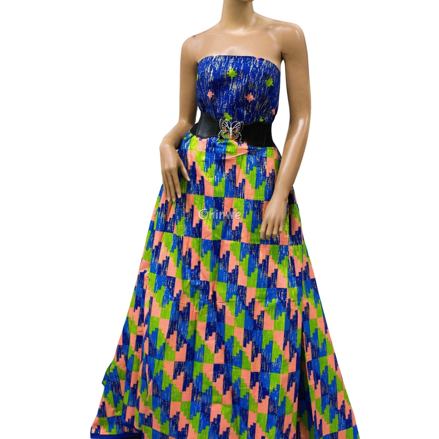 Blue Green & Pink Kente Brocade with Pixel Mosaic Triangles and Gold Metallic Accents Lagoon Mosaic Kente / 6yards