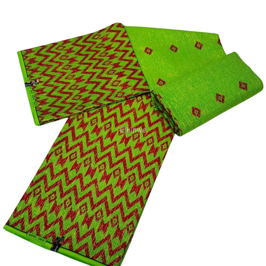 Lime Green & Red Kente Brocade with Zigzag Chevron Motif and Metallic Thread Highlights Lime Ember Kente / 6yards