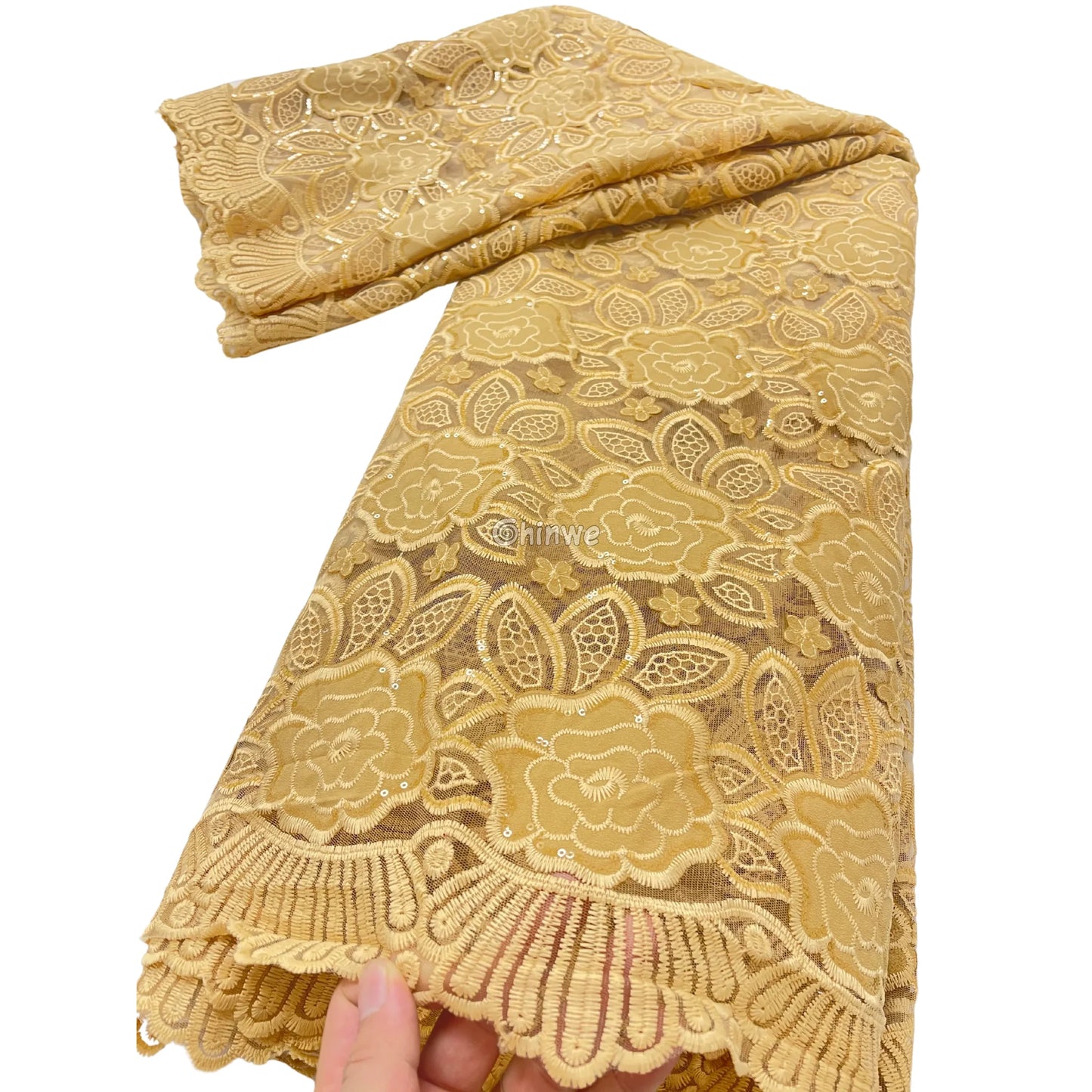 Emerald Green Champagne Gold & Pure White Floral Appliqué Lace with Scalloped Edge & Sequins Champagne Gold / 5 Yards