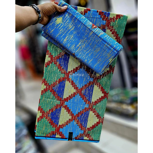 Blue Green & Red Kente Brocade with Diamond Grid Motif and Gold Metallic Threading Sapphire Grids Kente / 6yards