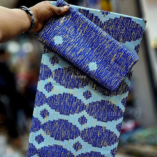 Navy & Sky Blue Kente Brocade with Wave-Inspired Motif and Gold Metallic Shimmer Detail Ocean Rhythm Kente / 6yards