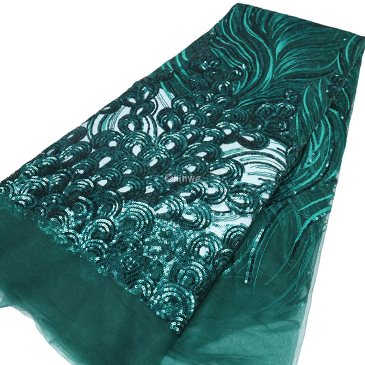 Emerald Green & Sky Blue Swirl-Vine & Wave Sequined Lace Mesh Fabric Emerald Green Swirl Lace / 5 Yards / 120cm Lace